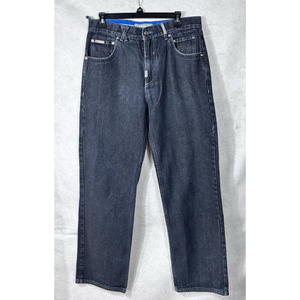 Log Mens Denim Jeans Blue 34 Hip Hop Y2K Embroidered Pockets Ramie Cotton